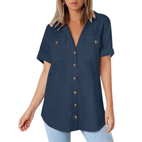 Womens Casual Button Shirts Cotton Linen Pocket Short Sleeve Blouses
