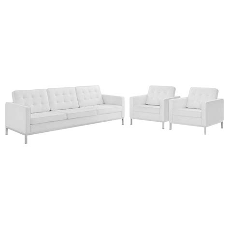 Modway Loft 3 Piece Upholstered Faux Leather Sofa Set In Silver And