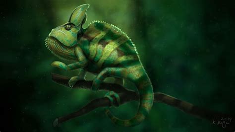 Download Wallpaper 1366x768 Chameleon Lizard Green Branch Art