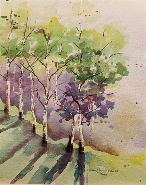 Stylized Watercolor Trees In Summer Original Watercolor Painting
