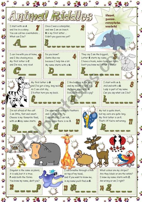 Animal Riddles Esl Worksheet By Mariaolimpia Animal Riddles