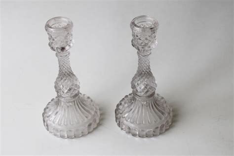 Antique Vintage Pressed Pattern Glass Candlesticks Sawtooth Diamond Block Candle Holders Pair