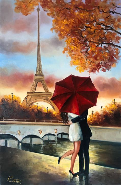 Paris Romance Wall Art Red Umbrella Eiffel Tower Original Oil Painting