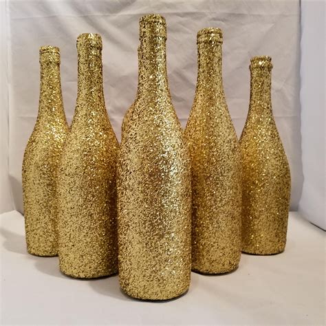 Gold Glitter Sparkling Wedding Bridal Party Centerpiece Wine Bottles Or