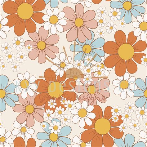 Flower Rainbow Smiley 70s 90s Retro Daisy Pastel Seamless Pattern