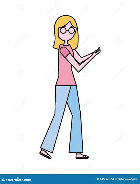 Woman Walking Using Smartphone Device Stock Vector Illustration Of