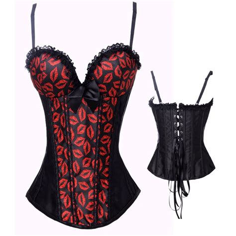 Black And Red Satin Lips Printed Corset Bustier With Straps Bra Cup