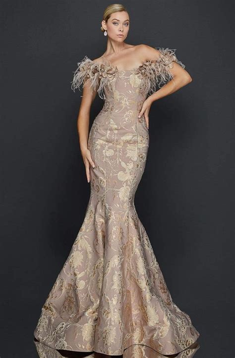 Terani Couture 1921e0136 Feather Off Shoulder Mermaid Evening Gown
