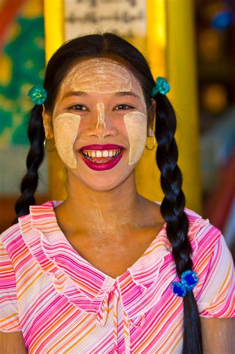 Burmese Woman Wearing Thanaka Bark Makeup Bago Myanmar Burma With