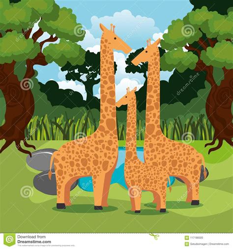 Wild Animals In The Jungle Scene Stock Vector - Illustration of nature, family: 117188305