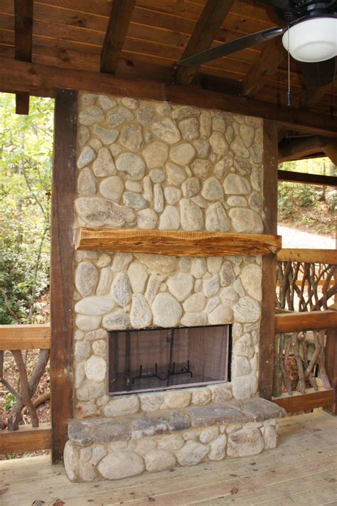 Exterior Party Deck River Stone Fireplace Cedar Mantel Tree House