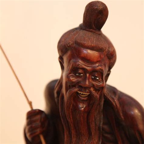 Vintage Chinese Wood Carving Of Fisherman With Fish From
