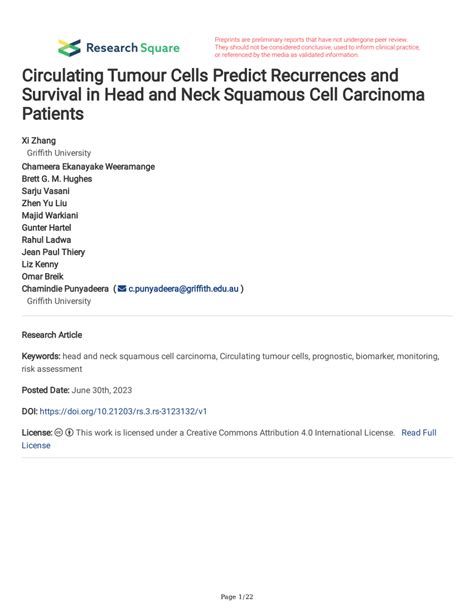 Pdf Circulating Tumour Cells Predict Recurrences And Survival In Head