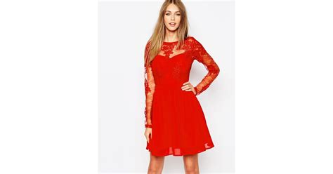 Missguided Premium Lace Long Sleeve Skater Dress In Red Lyst