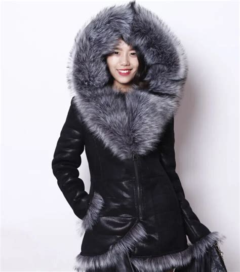 Womens Jacket Hooded Suede Fur Coats Short Winter Leather Coat Faux Fox