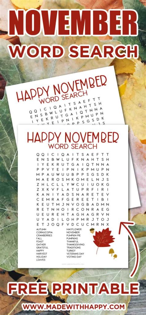 November Word Search Printable Made With Happy