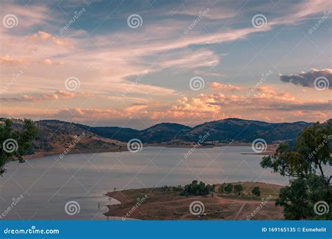 Aerial View Of River Valley At Sunset Nature Landscape Background Stock