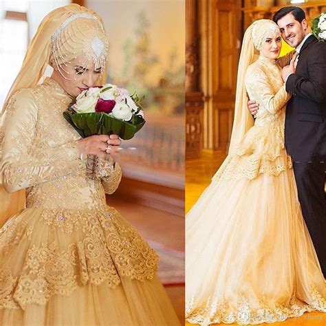 Luxury Gold Long Sleeve Muslim Wedding Dresses 2016 Turkish Traditional Gelinlik With Hijab Lace