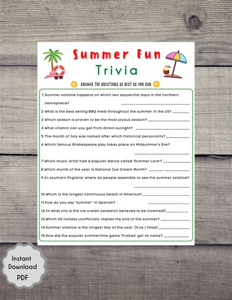 Summertime Trivia Questions And Answers Printable In The Summer