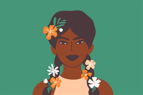 Vector Illustration Of Young Dark Skin Woman With Flowers In Long Black