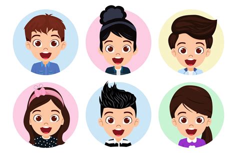 Happy Cute Kid Boys And Girls Character Avatar Set On White Background