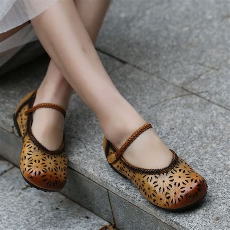 Women Leather Flats Hollow Out Mary Jane Shoes Spring 2019 Retro Style