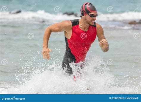 Triathlon Swimming Man Male Triathlete Swimmer Running Out Of Ocean