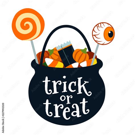 Halloween Trick Or Treat Black Cauldron Bucket Full Of Candy Vector