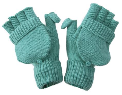 Winter Fingerless Flap Knit Mitten Convertible Flip Gloves Teal