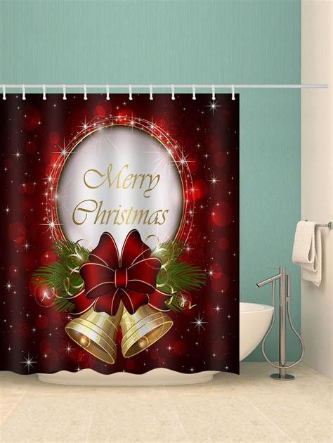 A Christmas Themed Shower Curtain With Bells