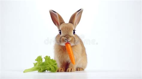 Rabbit Eating Carrot Isolated On White Background Cute Easter Bunny