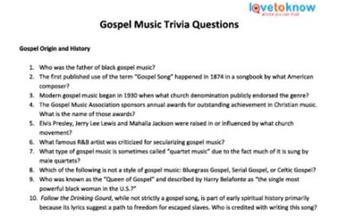 Nov 16, 2021 · 80s music trivia questions. Gospel Music Trivia Questions | LoveToKnow