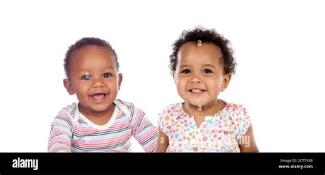 Two Funny Babies Laughing Isolated On A White Background Stock Photo