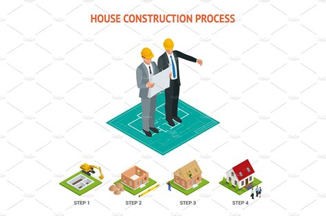 Isometric set stage-by-stage construction of a brick house. House ...