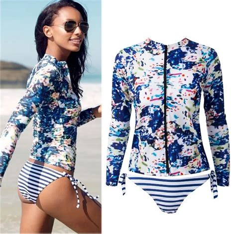women long sleeve bikini cover ups set clothes zipper striped print surfing swimsuit beachwear