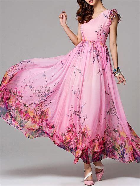 Pink Floral Frill Sleeve V Neck Maxi Dress Floral Print Chiffon Maxi