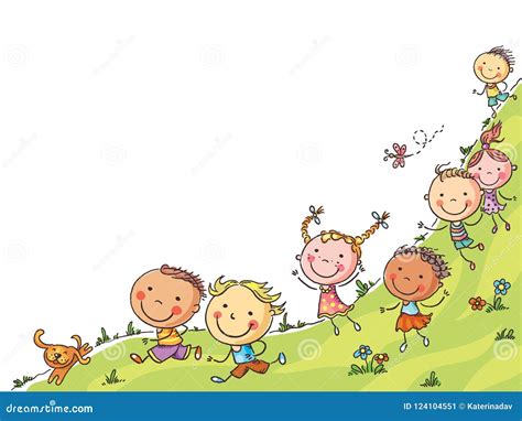 Happy Cartoon Kids Running Vector Frame With A Copy Space Stock Vector