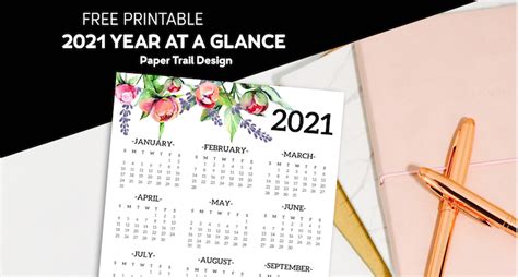 Free Printable 2021 One Page Floral Calendar Paper Trail Design