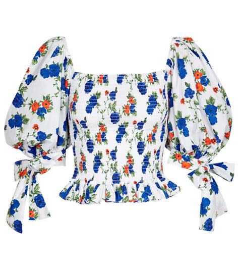 caroline constas puff sleeve smocked top in white and blue modesens