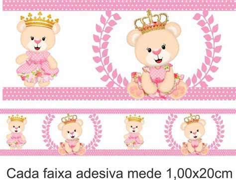 Kit Com 10 Faixas Adesivas 100x20cm Ursinha Princesa Rosa Border