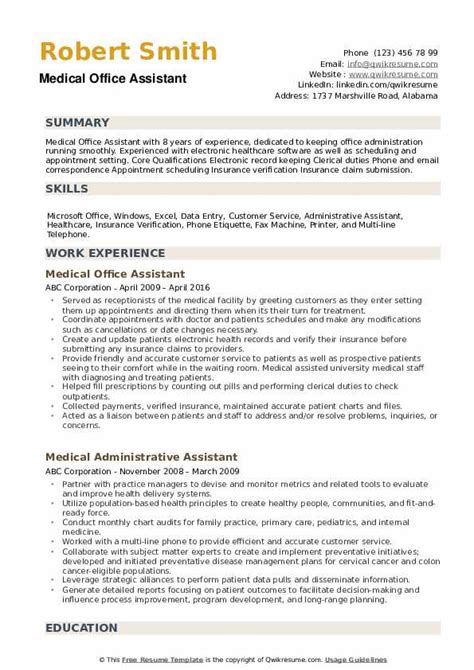 Medical and health care resumes need to be written much like management resumes, but the summary can be either in a bulleted format or in the executive summary style block paragraph format. Medical Office Assistant Resume Samples | QwikResume