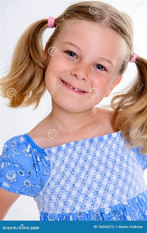 Little Smiling Girl With Pigtails Stock Photo Image Of Laughing