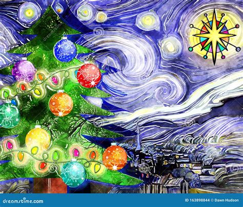 Watercolor Starry Night Christmas Tree Stock Illustration