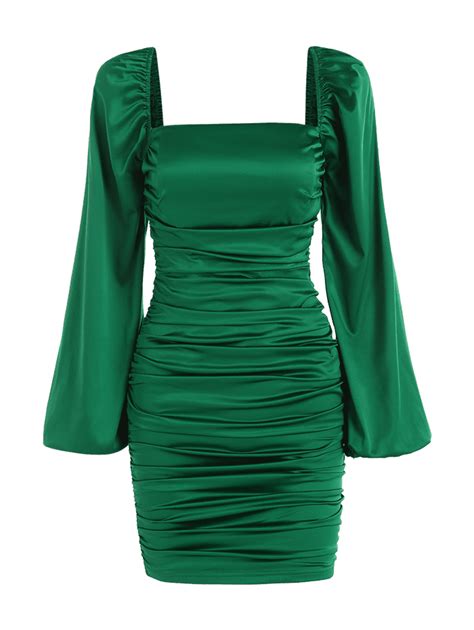 Satin Puff Sleeve Ruched Bodycon Dress Black Green Ruched Bodycon Dress Bodycon Dress With