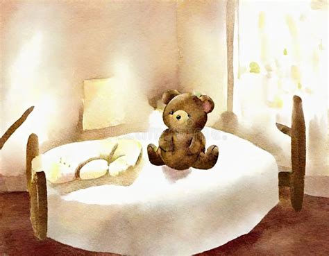 Watercolor Of Toy Bear In The Bed Stock Illustration Illustration Of