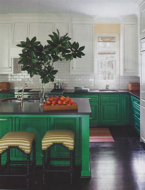 Kitchen With White Upper Cabinets And Green Lower Cabinets Green