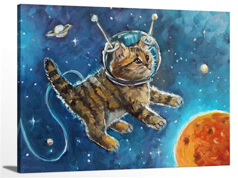 Cute Kitten Cat Astronaut Oil Painting Space Animal Poster Etsy 日本