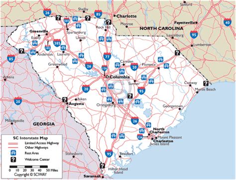Map Of South Carolina Interstate Highways With Rest Areas And Welcome