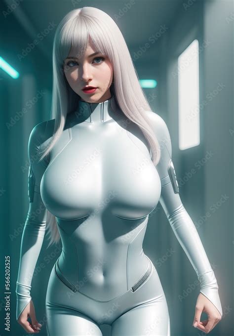 Ai Generated Fictional Sci Fi Babe With Skin Tight White Suit And Curvy Body Generative Ai