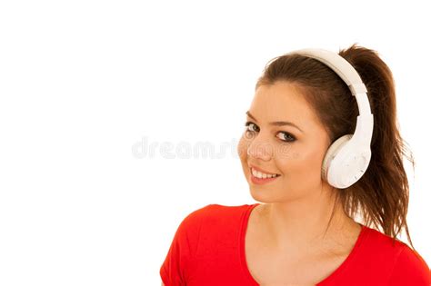 Young Woman Listens Music With Headset Isolated Over White Backg Stock